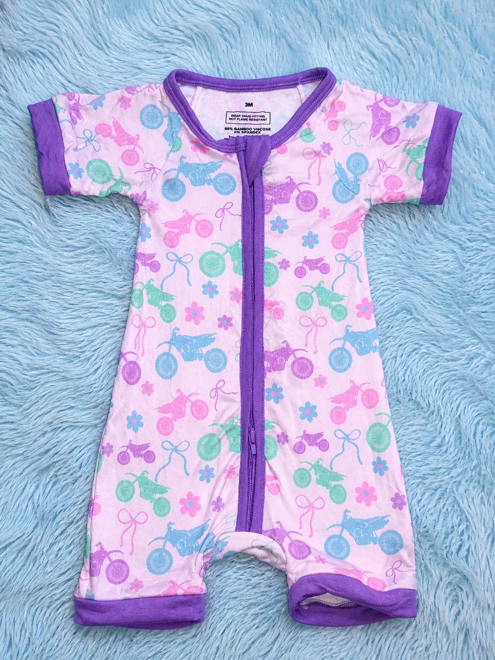 NWOT Purple-Trim Girls' Motorcycle Print One-Piece Bamboo Romper